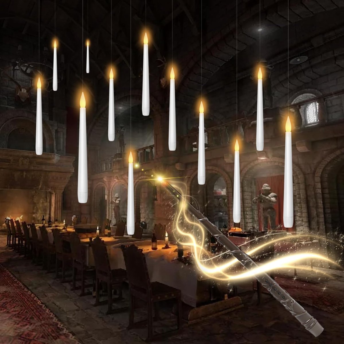 Ynkkvre - LED Kaarsen - Floating Candles - Zwevende Kaarsen - Magische Kaarsen - Sfeerverlichting - 12 Delig Set - Realistische Vlammen - Toverstok Bediening - Energiezuinige LED