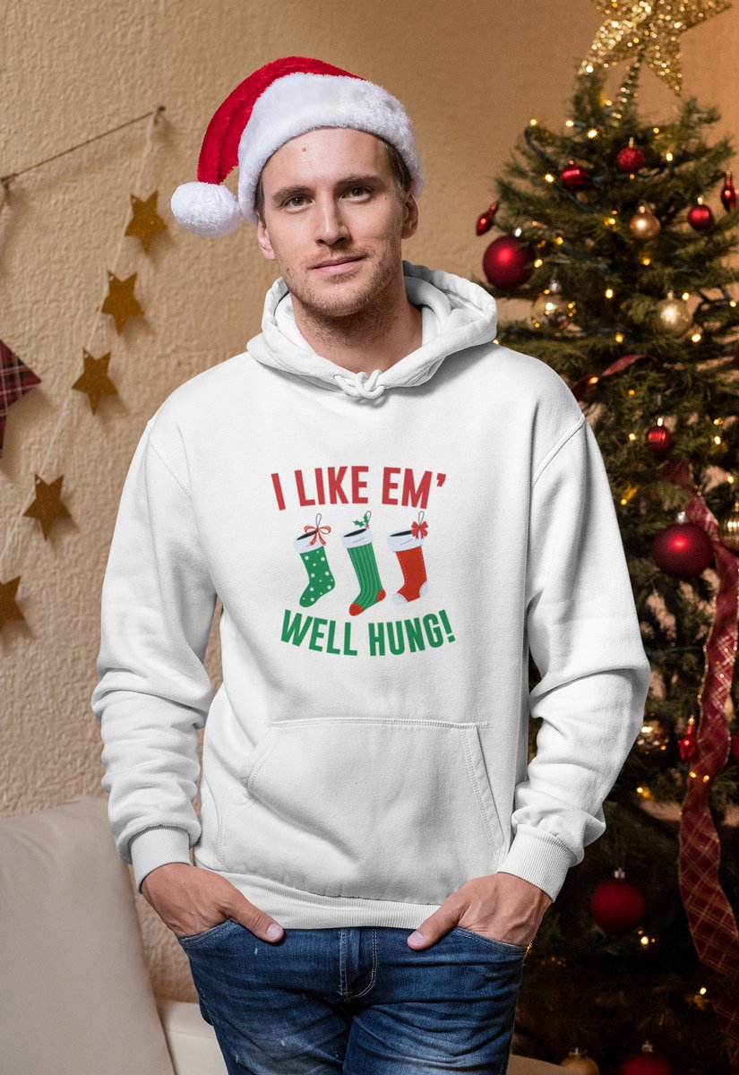 I Like ’Em Well Hung - Kerst Hoodie - Kerst Trui Wit - Grappig Hoodie - Maat XXL - Limited Edition