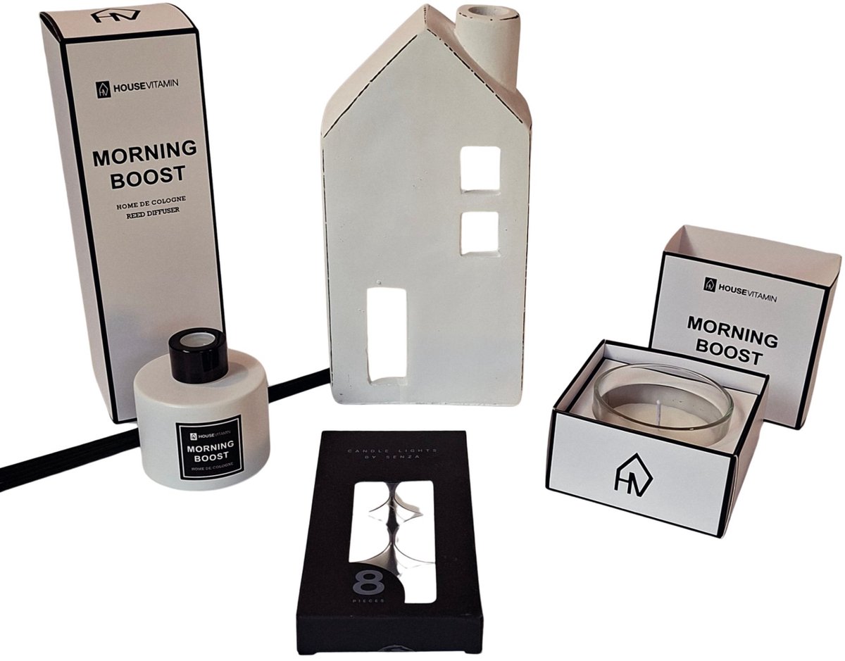 Mix en Match - Geschenkset - Cadeaupakket - Living - Geurstokjes - Waxinelicht - Huisje - Wit - Zwart
