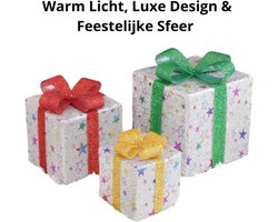 Sensova - Kerstcadeaudozen Holiday Edition - Winter Edition - Kerst Kado Dozen - Kerstverpakking - LED Verlichting - 3-delige Set - Opvouwbaar Ontwerp - Decoratieve Cadeaudozen - Kerstdecoratie Set - Geschenkverpakking Kerst