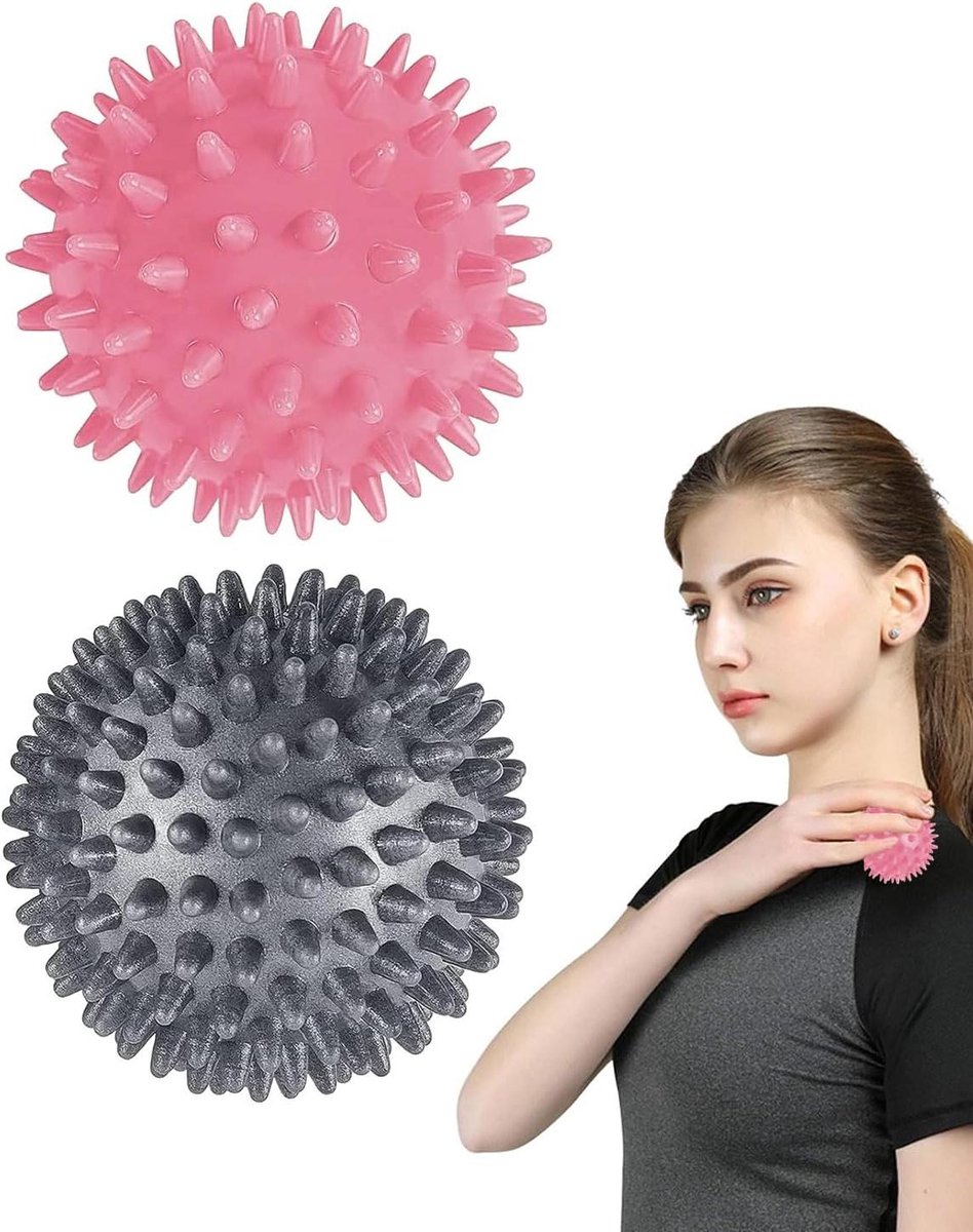 Massagebal voor zelfmassage - egelbal voor diepe spierontspanning - geschikt voor handen, benen, billen - grijs en roze - 7 cm.