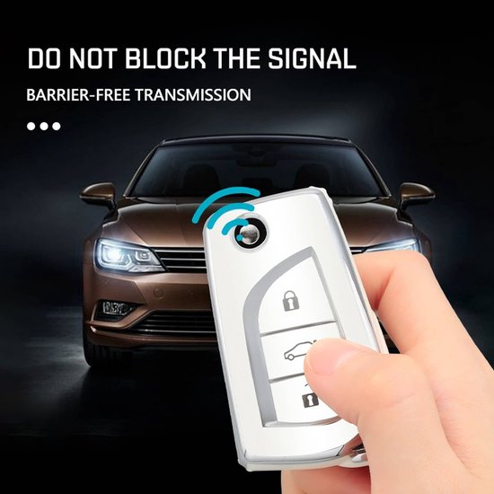 Witte autosleutelcover wordt in de hand gehouden, met auto op achtergrond. Tekst: "DO NOT BLOCK THE SIGNAL".