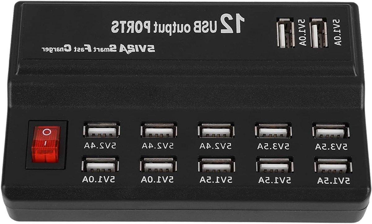 12 poorten USB oplader met adapter voor thuis en op reis - Type US Hub, 5V 12A vermogen