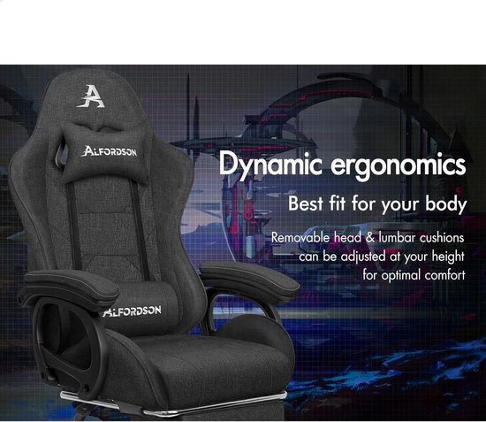 Ergonomische Gamingstoel met Massage Lendensteun - In Hoogte Verstelbare Draaistoel - Stof Grijs — afbeelding 5