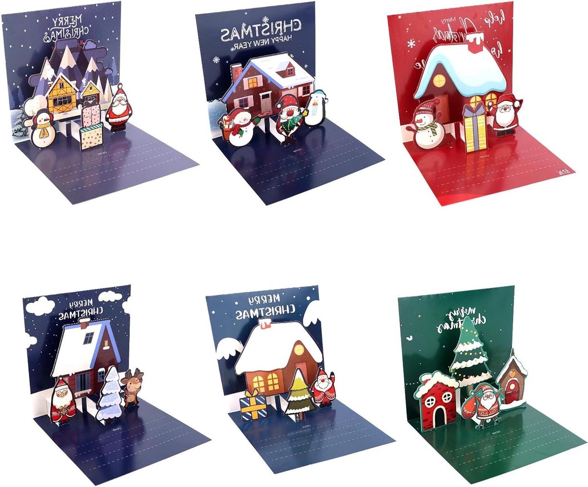 Kerstkaarten met Enveloppen - Set van 6 Leuke 3D Pop-Up Cadeaukaarten - Kerstman en Sneeuwpop Thema - Ideaal voor Kerstfeestcadeaus