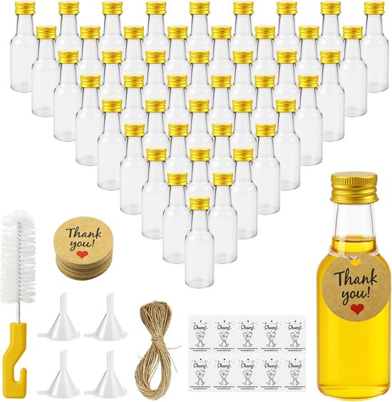 45 lege, doorzichtige mini-flesjes met gouden schroefdoppen, een borstel, touw, trechters en 'Thank you'-etiketten.