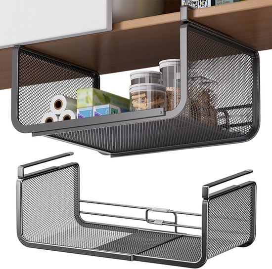 Panier suspendu en métal gris foncé avec structure en maille, rempli d'ustensiles de cuisine et d'articles roulés.
