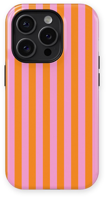 Étui de téléphone avec rayures verticales orange et roses, vue arrière.