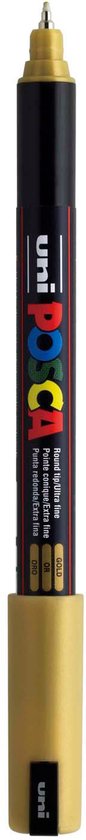 Een staande gouden Uni Posca marker met ronde punt, met de dop op de bovenkant.