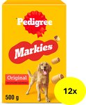 Verpakking Pedigree Markies Original hondenkoekjes, 500 g, met een Golden Retriever en een gele cirkel met '12x'.