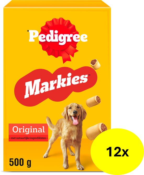 Verpakking Pedigree Markies Original hondenkoekjes, 500 g, met een Golden Retriever en een gele cirkel met '12x'.