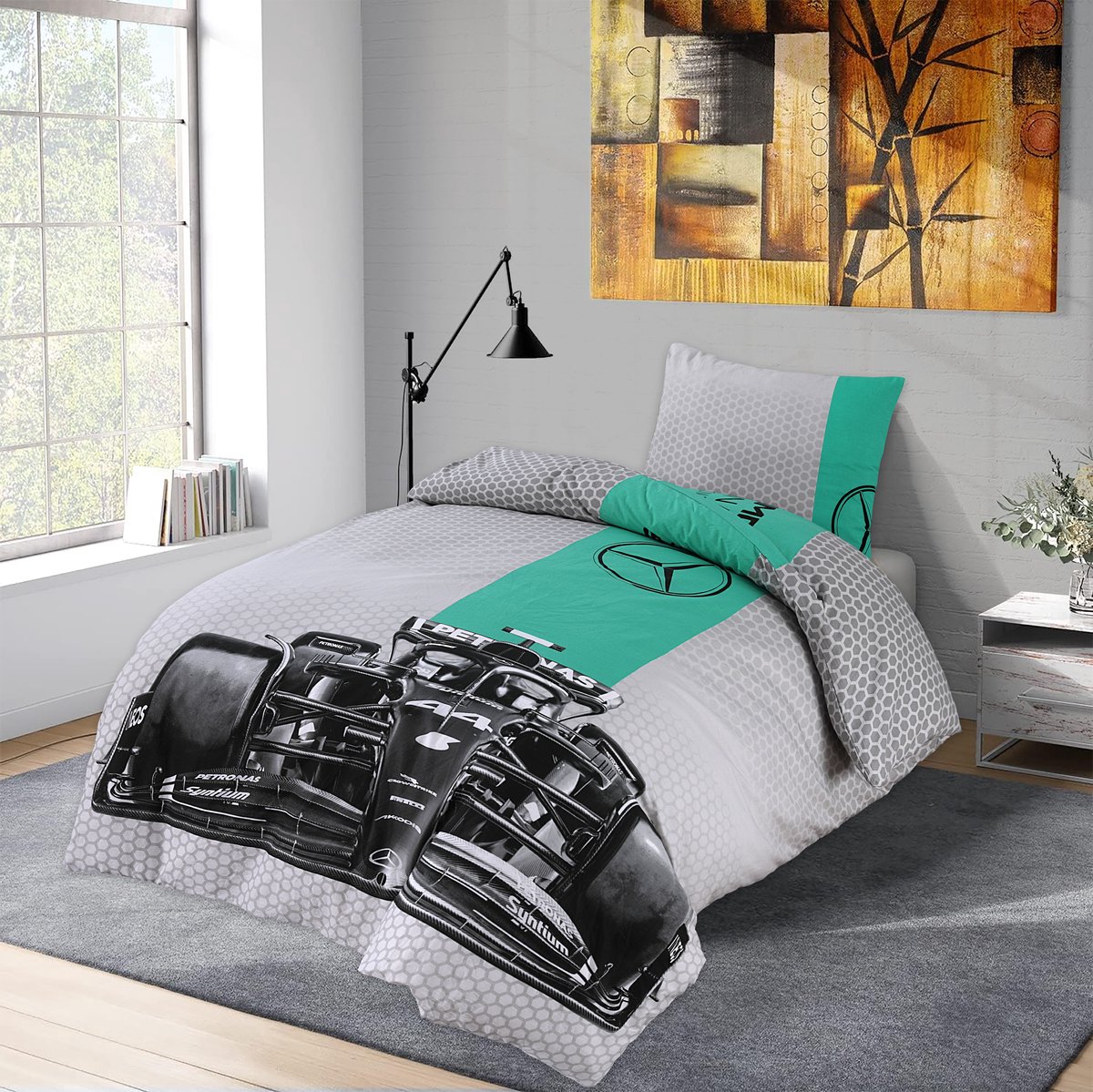 Bed Glow & Apparel – Mercedes Formule 1 Beddengoedset | Dekbedovertrek 140x200 + Hoeslaken 90x200+25 + Kussensloop 60x70 | 100% Katoen | Formule 1 Mercedes