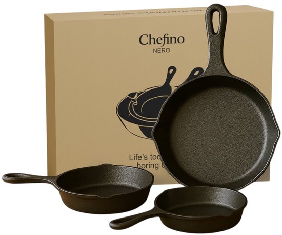 Chefino Gietijzeren Pannenset – 3-delige Skillet Set – Pannenset Inductie – Gietijzeren Pan voor BBQ, Oven en Fornuis – PFAS-vrij en Krasbestendig