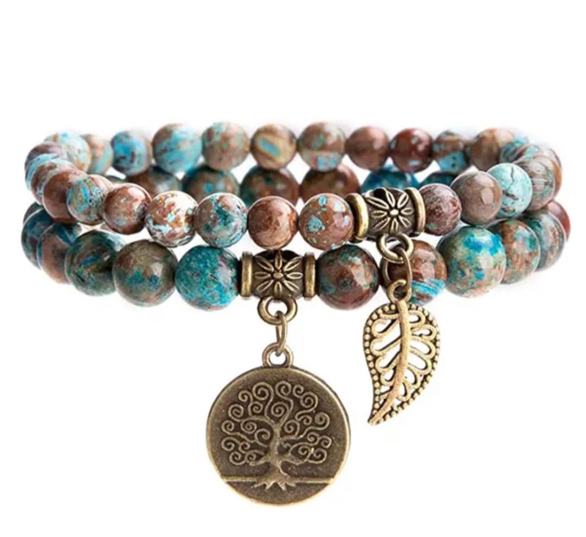 S4H Turquoise Keizer Jaspis Armband – 2-delige Set – Emperor Jasper Edelsteen voor Bescherming, Rust & Aarding – Tree of Life Armband – Handgemaakt Unisex Sieraad