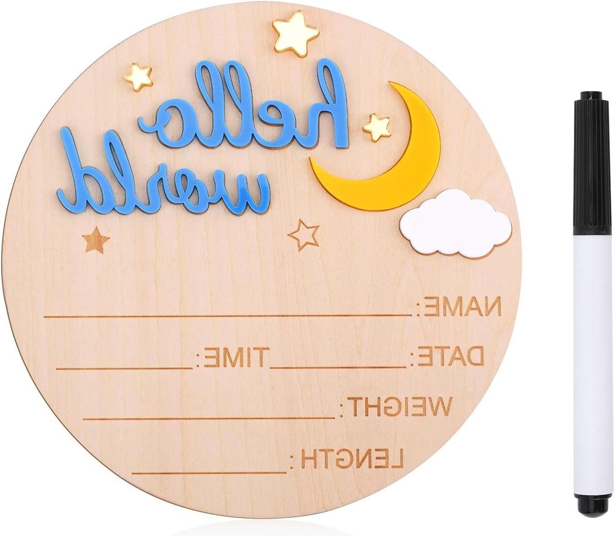 Hello World Nieuwgeboren Houten Bord voor Baby jongen of meisje - Schattige Geboorte Aankondiging en Babyshower Foto Rekwisieten - Welkomsbord met Naam - Hemelsblauw