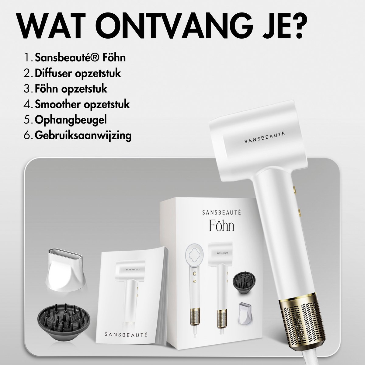 Sansbeauté® Föhn met Diffuser - Krullen - 110.000RPM - Ionische Haardroger met Borstel - 3 Standen - 3 Opzetstukken - Reisföhn - Sèche Cheveux - Krul Feun Set - Haarföhn met Defuser - Hair Blow Dryer - Kappersfohn - 2000W thumbnail 6