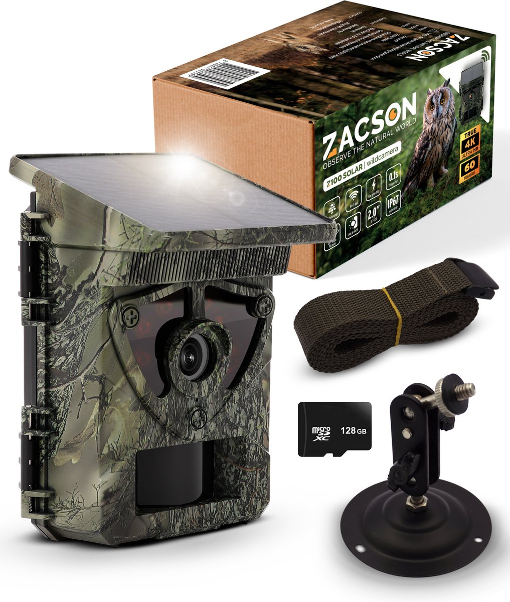 Complete Set Wildcamera met Zonnepaneel - Oplaadbaar - voor Buiten met Nachtzicht - True 4K Ultra HD & 60MP - Incl. 128GB SD, Batterijen, Bevestigingsvoetje & Wifi-app, 2026 model