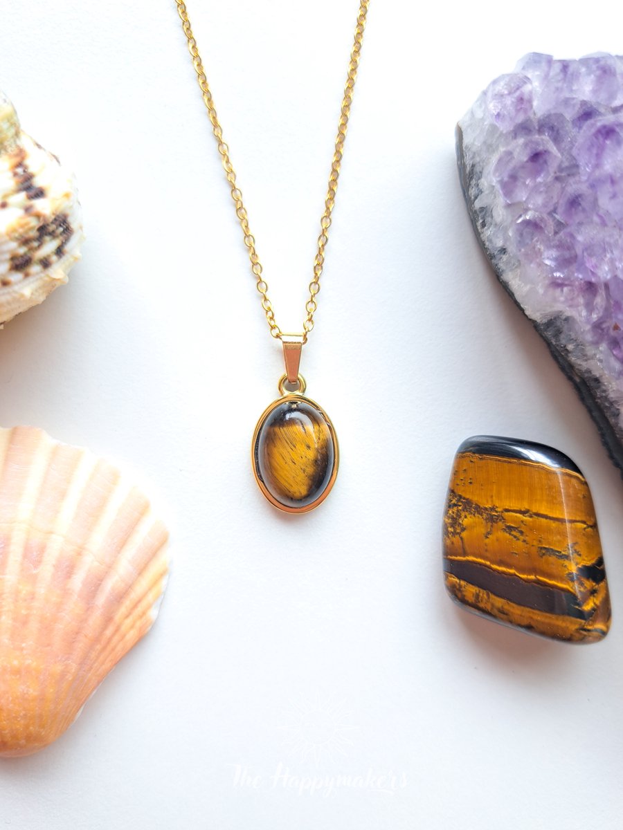 Edelsteen ketting bedel tijgeroog, waterproof, boho, stainless steel, handgemaakt, cadeau met betekenis, zelfvertrouwen
