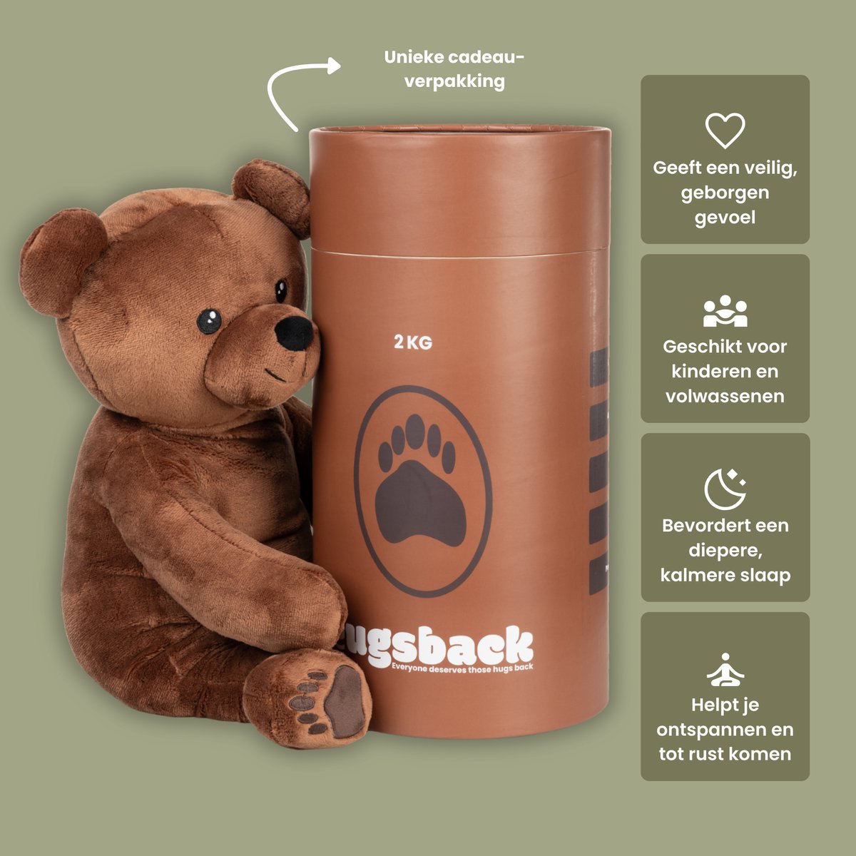 Hugsback 2 kg Verzwaringsknuffel Beer – Verzwaarde Knuffel 45cm – Weighted Stuffed Animal – Zware Knuffel tegen Stress & Angst – Sensorisch Speelgoed – Knuffelbeer voor Kinderen & Volwassenen — afbeelding 2