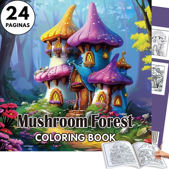 Mushroom Forest Coloring Book met 24 pagina's, met een kleurrijk paddenstoelhuizen in een bos.