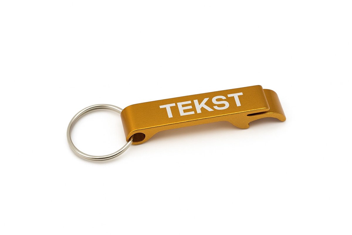Sleutelhanger Flesopener – Aluminium – Gepersonaliseerd met Tekst – Goud-6cm x 1cm