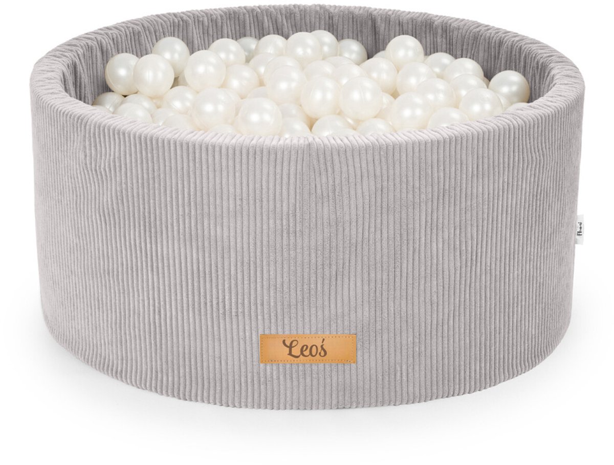 Ballenbak voor baby’s en peuters, gepersonaliseerd rond 90x40 cm – Schuimen ballenbad met 200 gekleurde ballen Ø7 cm – Sensorisch speelgoed – Grijze ribfluweel, parelmoerkleurige ballen
