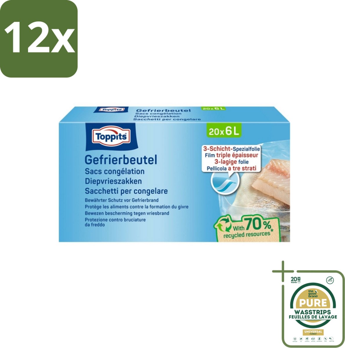Toppits – Diepvrieszakken – 6 Liter – 20 Zakjes - Voordeelverpakking - 12 stuks - Diepvriesvoorraad - Vriezen