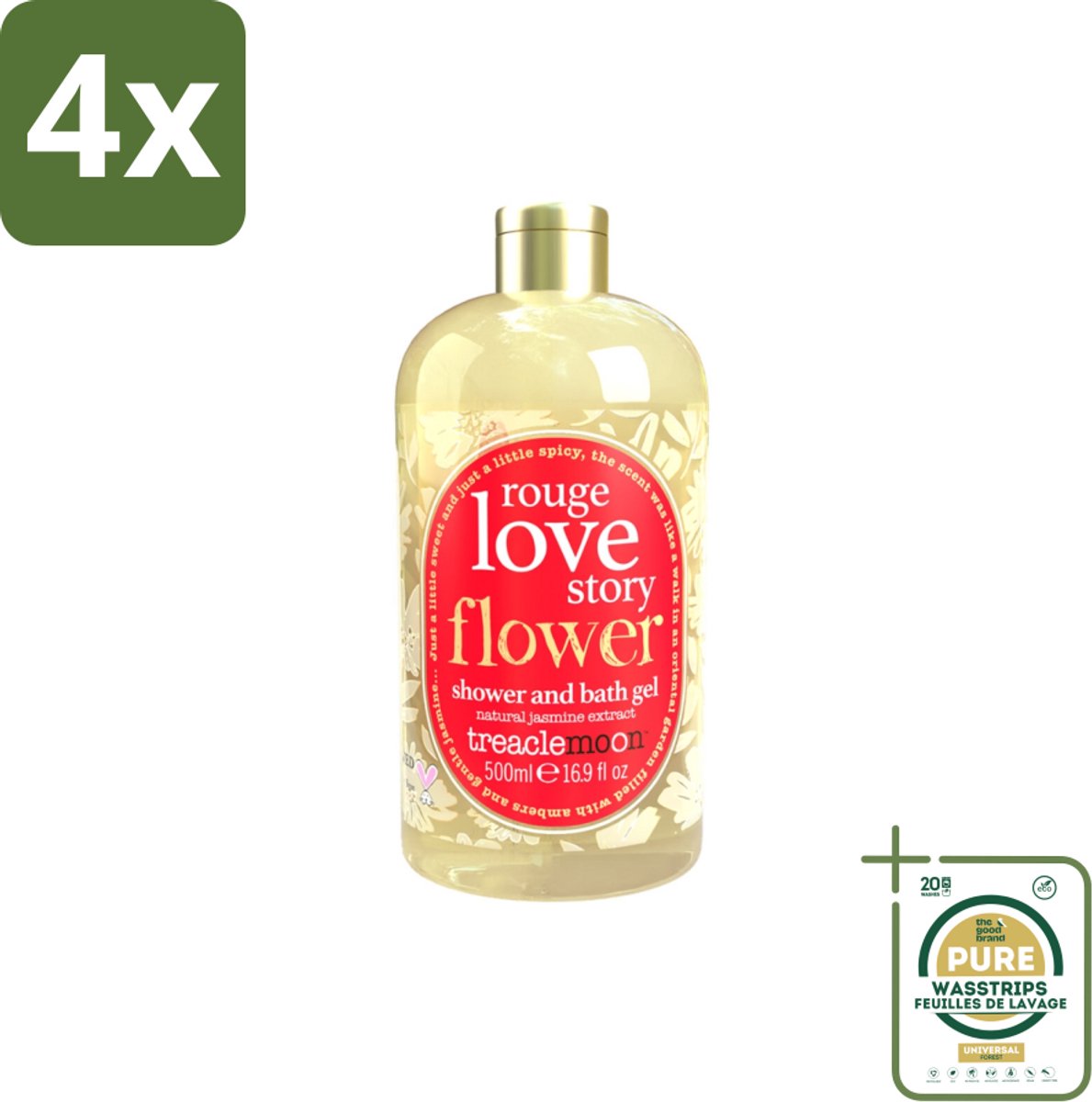 Treaclemoon – Bad- & Douchegel – Rouge Love Story – 500 ml - Voordeelverpakking - 4 stuks - Jasmijn - Amber