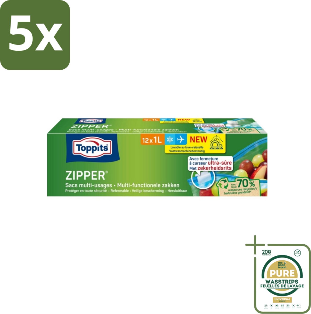 5 x Toppits – Zipper Multifunctionele Zakken – 1 Liter – 12 Zakjes - Grootverpakking - Koffie - Koffiezetapparaat - Koffiezetapparaat Met Automatische Functie