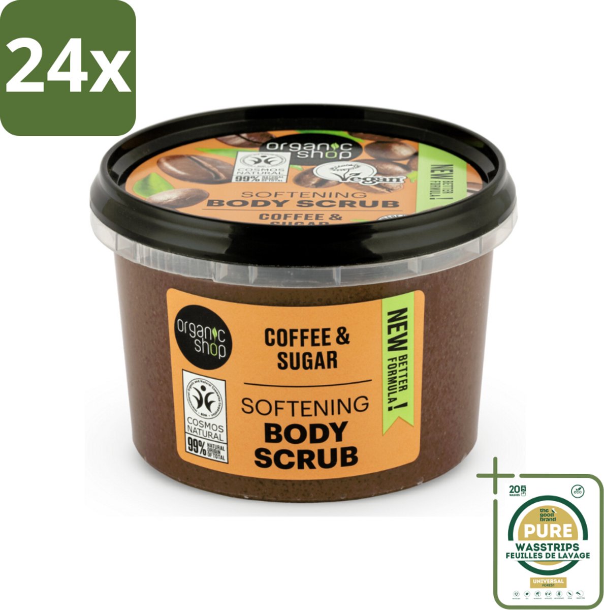 Organic Shop - Organic Coffee & Sugar Body Scrub - Hydraterend en Peeling - 250 ml - Voordeelverpakking - 24 stuks - Suiker scrub - Hydraterende bodyscrub