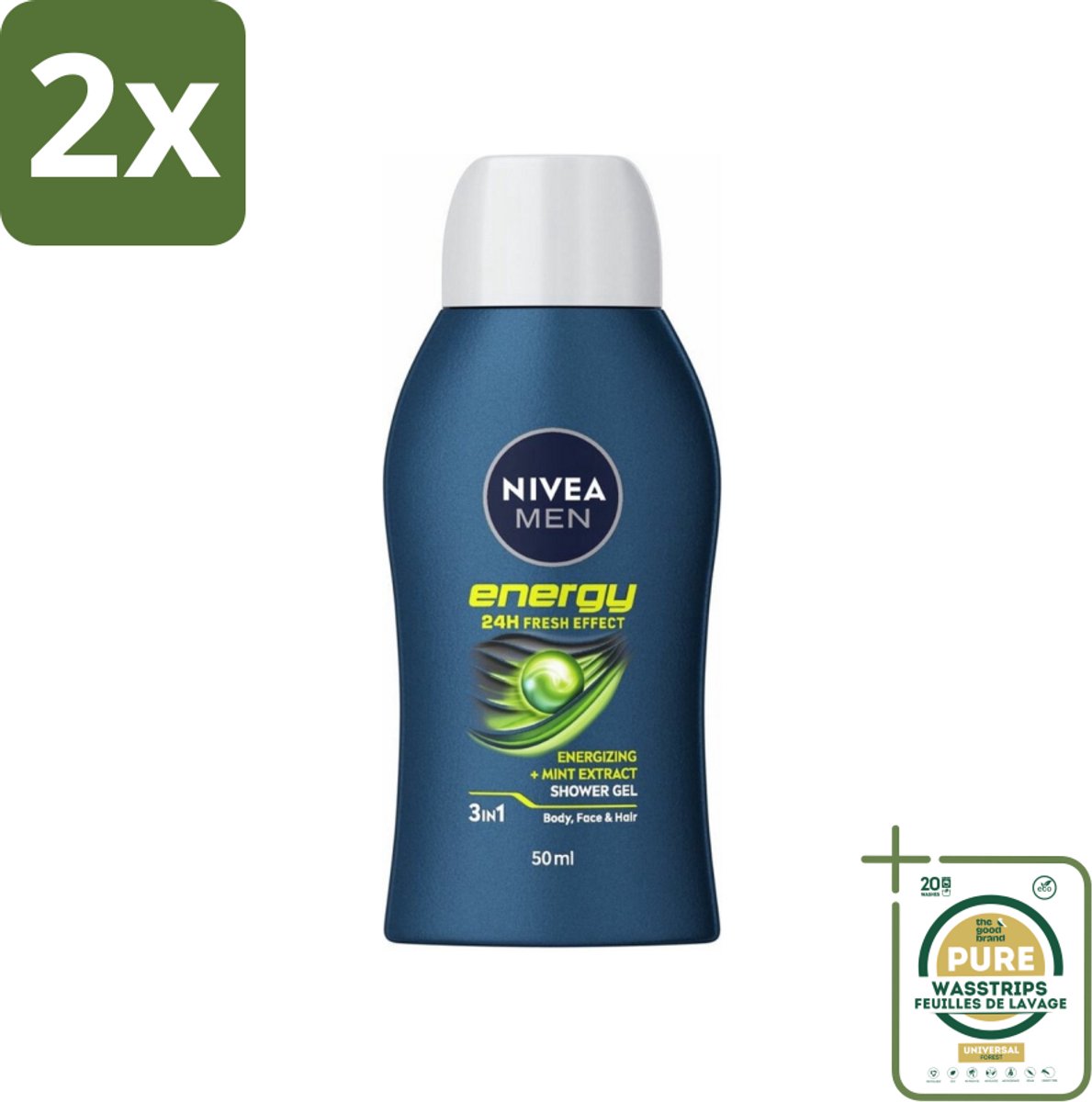 NIVEA MEN - Douchegel - Energy Mini - 50 ml - Voordeelverpakking - 2 stuks - Mintextract - Lichaam