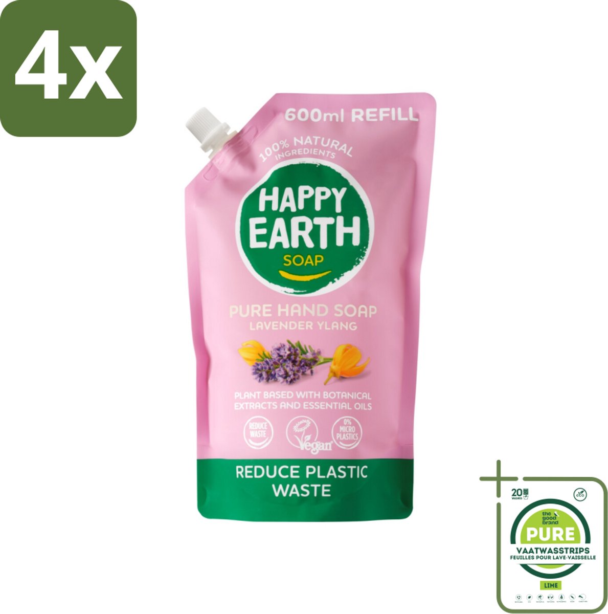 Happy Earth – Handzeep Navulling – 100% Natuurlijk Lavender Ylang – 600 ml - Voordeelverpakking - 4 stuks - Natuurlijke handzeep - Navulverpakking
