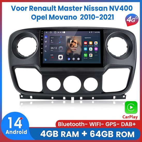 Autoradio Awesafe 8 Core 4+64 Go - Pour Renault Master / Nissan NV400 / Opel Movano (2010-2021) - Compatible Android Auto et CarPlay sans fil - Écran tactile - Navigation GPS, Bluetooth 4G - Radio Bluetooth - 2010-2021