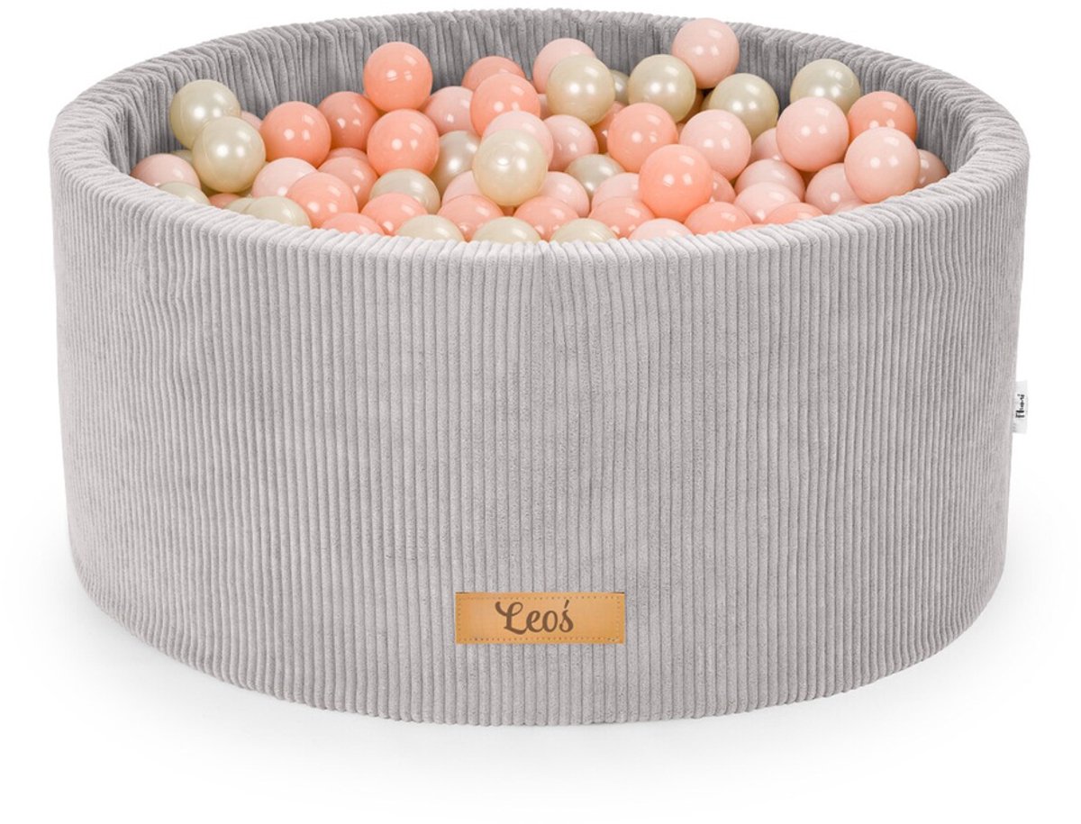 Ballenbak voor baby’s en peuters, gepersonaliseerd rond 90x40 cm – Schuimen ballenbad met 200 gekleurde ballen Ø7 cm – Sensorisch speelgoed – Grijze ribfluweel, perzikkleurige ballen