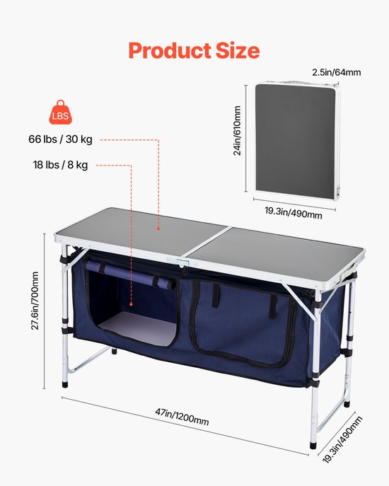 VEVOR Camping Keukentafel Opvouwbaar Kookstation 3-Voudig Hoogte Verstelbaar Blauw van Vevor — afbeelding 4