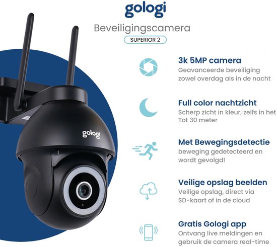 Gologi Superior Outdoorcamera 2 - Buiten camera met nachtzicht - Beveiligingscamera - Security camera - Muur & Dakbevestiging - 4MP - Met wifi en app - Zwart van Gologi — afbeelding 3