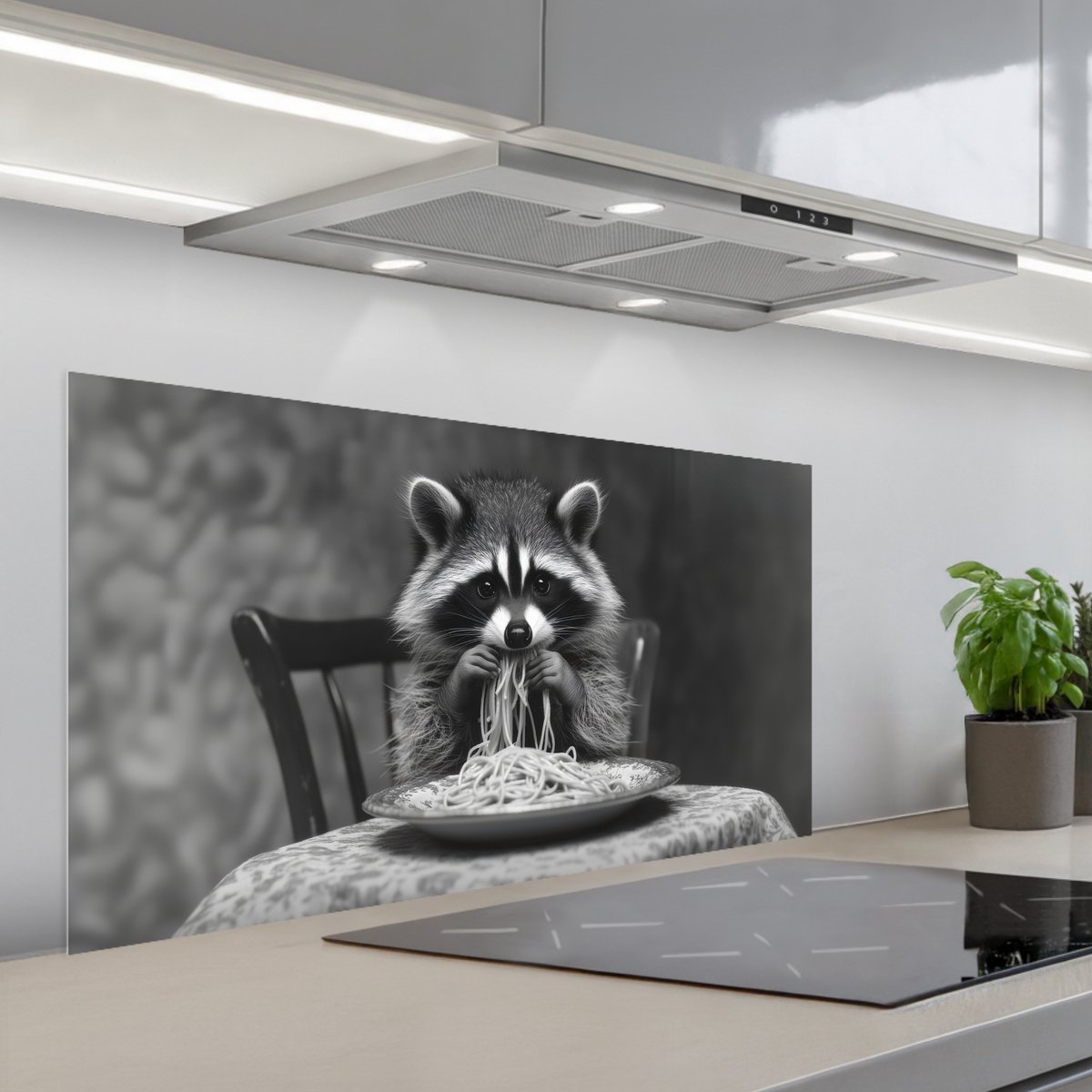 KitchenYeah Spatscherm 100x50 cm Zelfklevende achterwand Wasbeer Cute Pasta Tafelkleed Zwart Wit Keuken muurbeschermer Spatwand fornuis