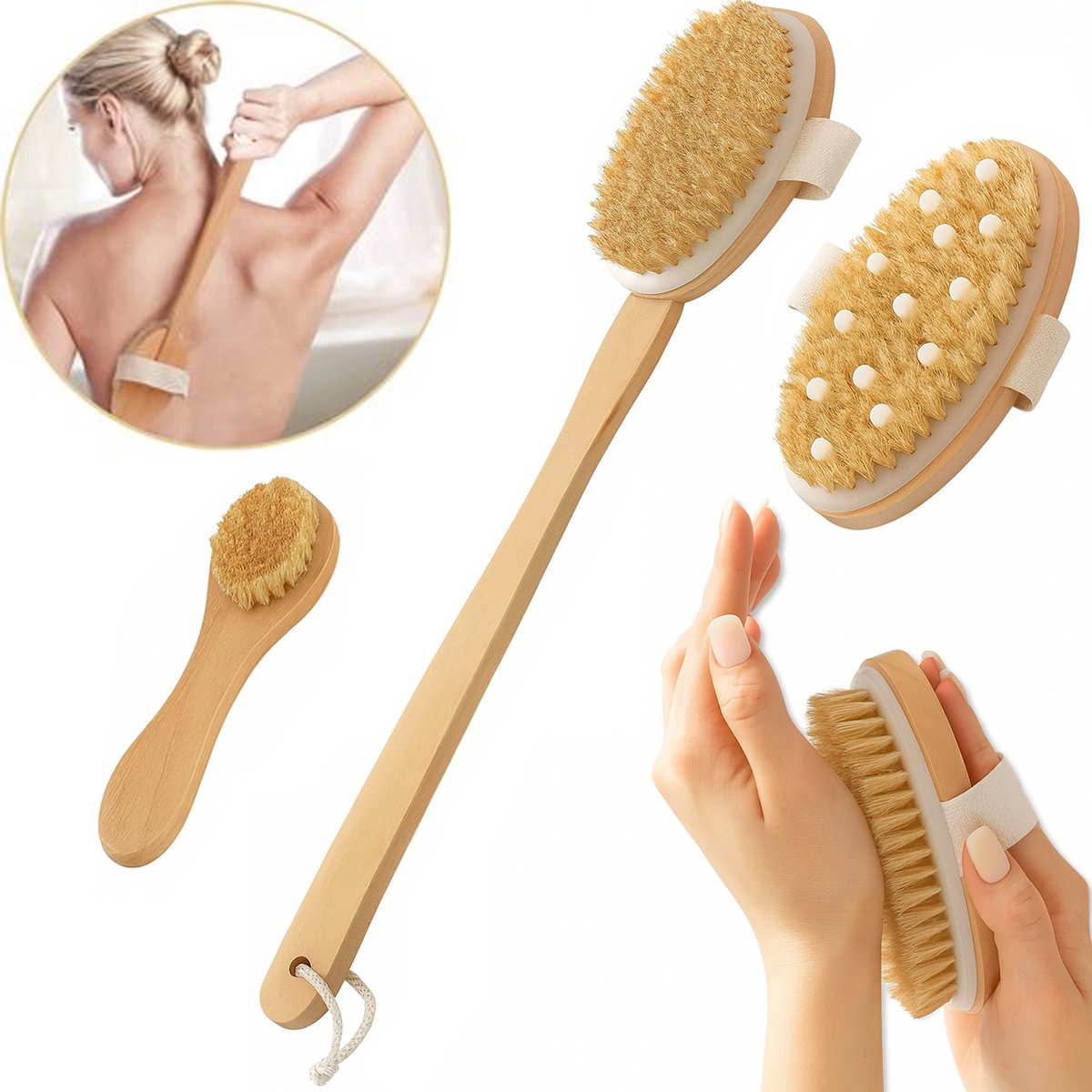 Montzys® Badborstel Set - 3 Stuks - Lichaamsborstel met Lange Steel - Rugborstel Douche - Rug Scrubber - Doucheborstel met Natuurlijke Haren