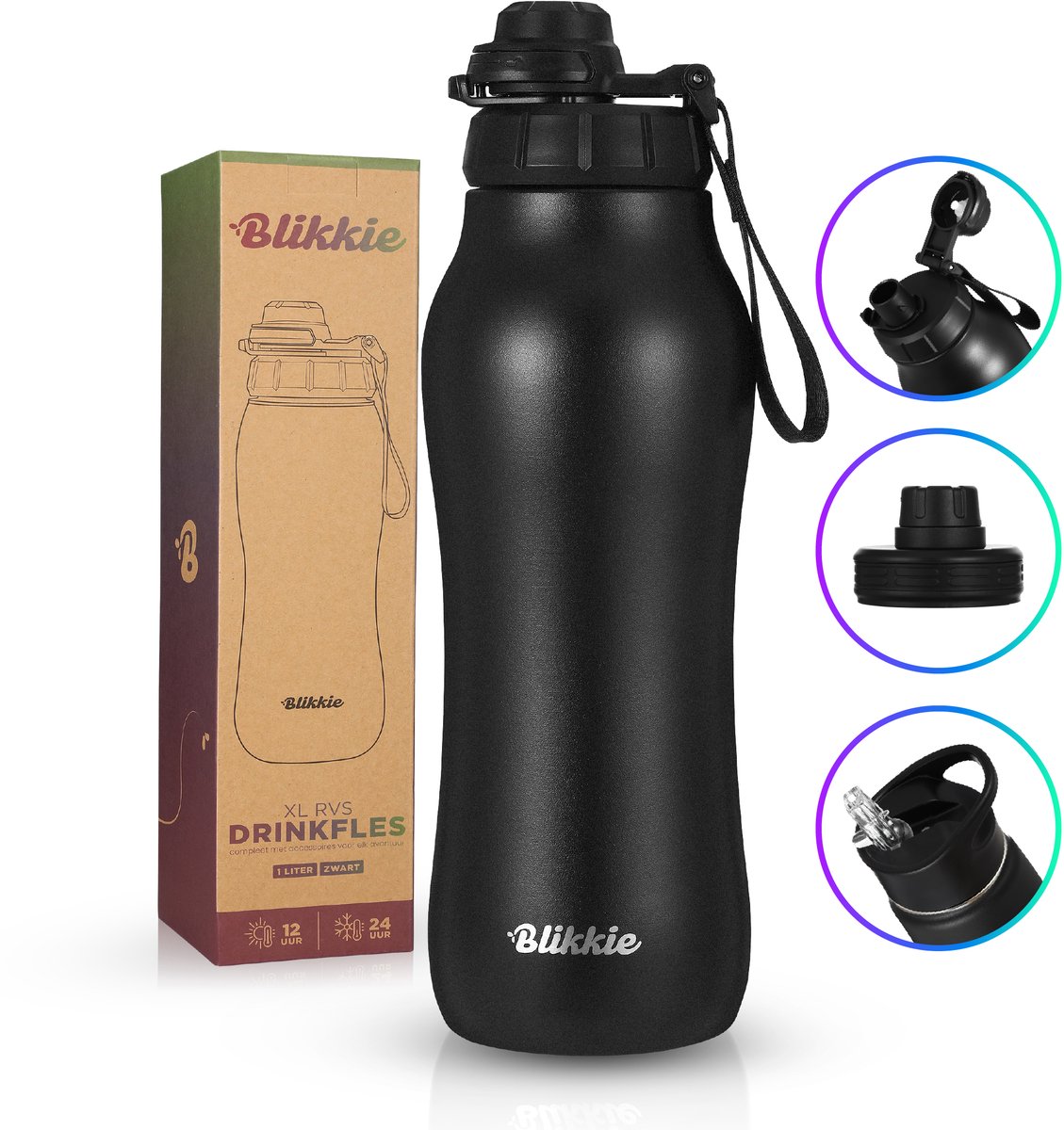 GO waterfles RVS zwart 710 ml - dop met rietje