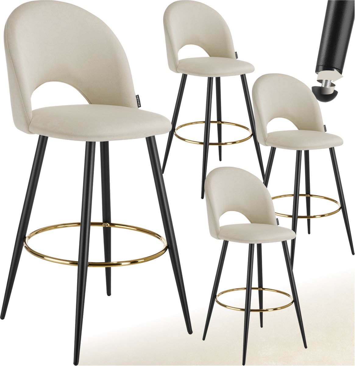 Tectake Set van 4 Barkrukken Sachel - Gestoffeerde Barkruk met rugleuning - Barstoelen - Ergonomische Barstoel met voetensteun - Eetkamerstoel met fluweellook bekleding - Stevige stalen poten met antislip vloerbescherming - Crème/Zwart