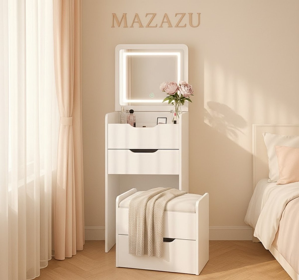 Petite Amélie Houten Kaptafel met Spiegel en Stoel - Wit - Make-up Tafel met Stoel