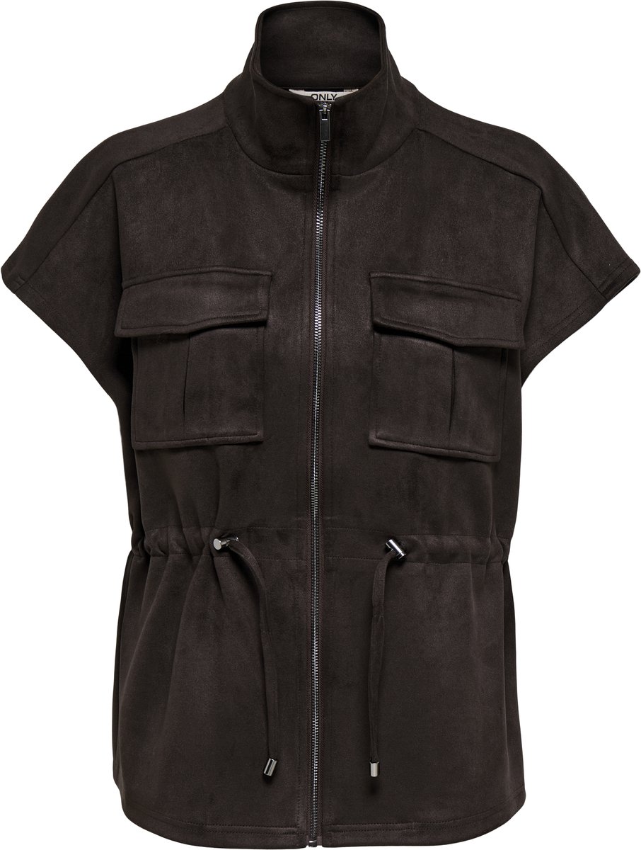 Only bruine dames vest   High neck halslijn   Regular fit   Borstzakken   Suedine patroon   Ritssluiting   Kap mouw Bruin S