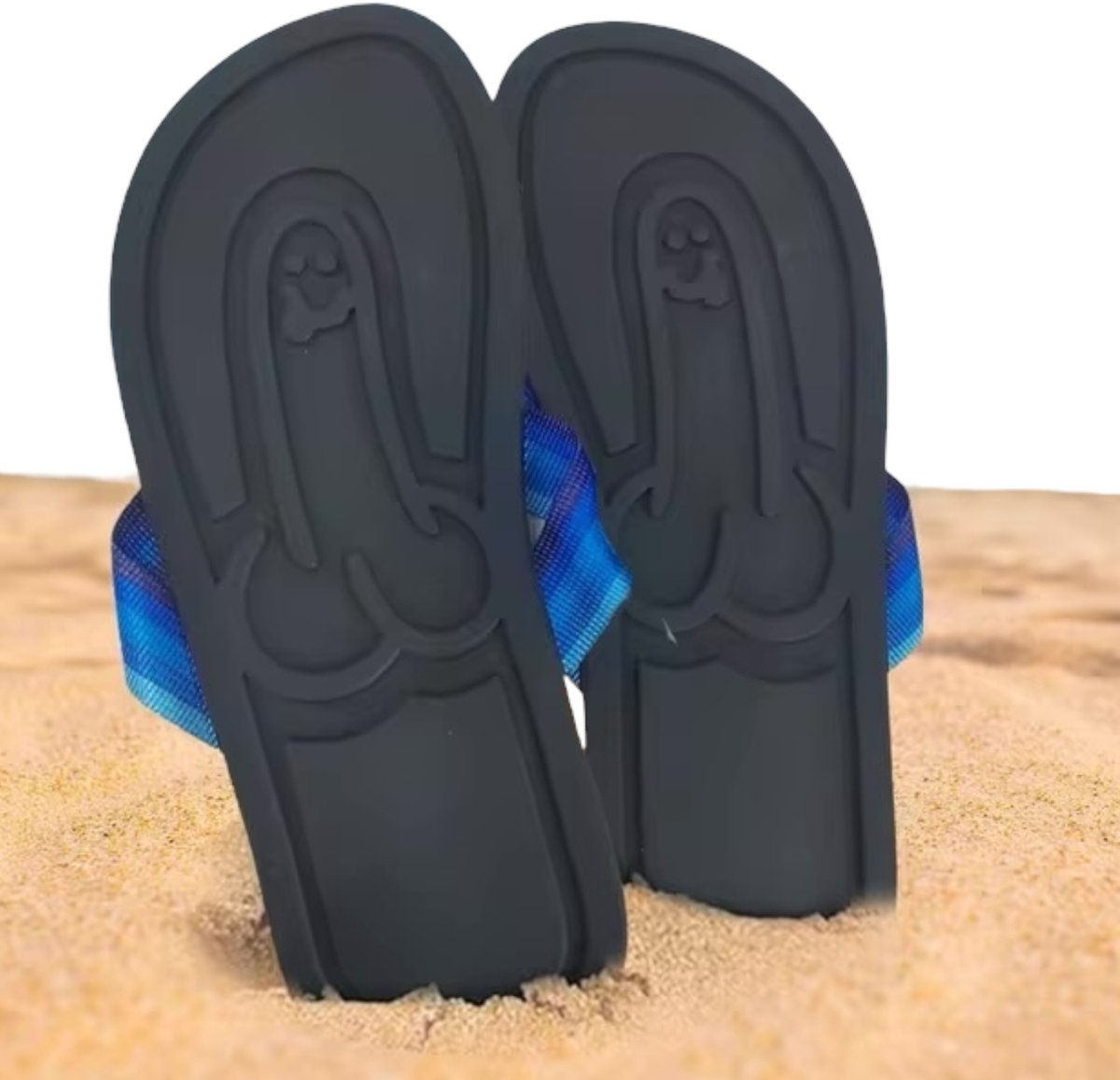 Humoristische Unisex Flipflops met Ondeugende Zool Afdruk – Maat 46 – Zwart met Blauwe Bandjes