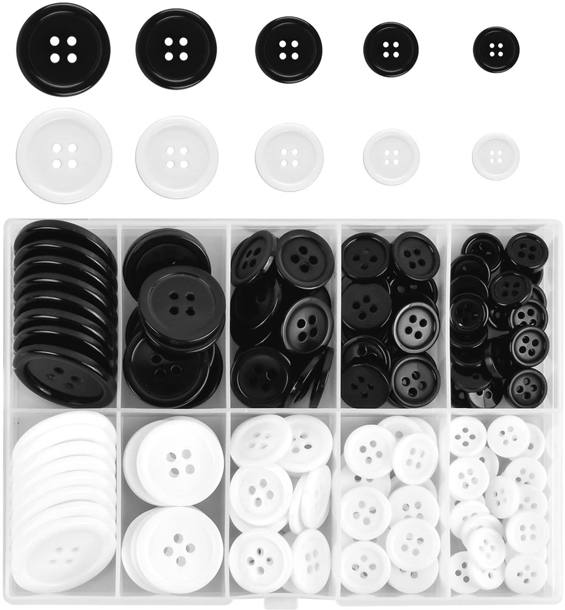 Ynkkvre - 160 Stuks Knopen Voor Kleding -4 gaten- Hars Set - Ronde Mode Naaiknopen - Doe-Het-Zelf - Scrapbooking en Ambachtelijke Decoraties (Zwart-Wit)
