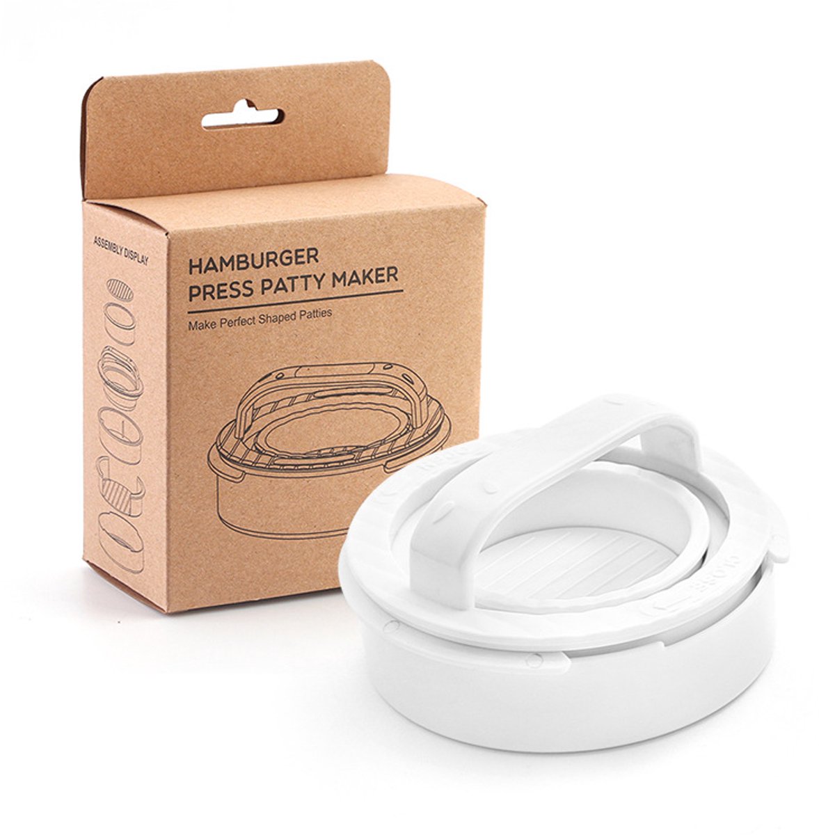 Ronde hamburgerpatty-maker, opvouwbaar en duurzaam, geurloos, grote capaciteit, wit.