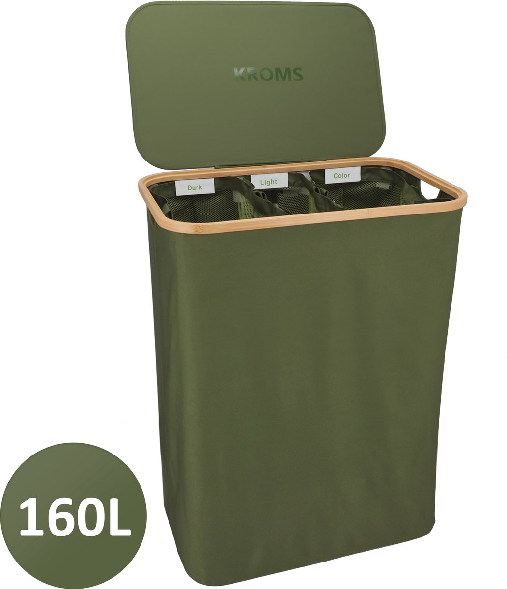 KROMS Wasmand 3 vakken - Olijfgroen - 160L - Extra groot model - Inclusief NL & EN Labels – Wassorteerder bamboe - Laundry basket - Wasmand met deksel - Opvouwbaar - 160L