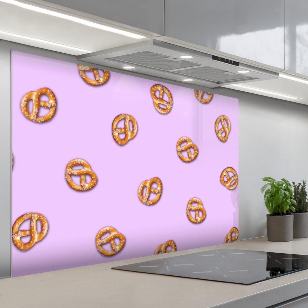 KitchenYeah Spatscherm 120x80 cm Zelfklevende achterwand Pretzels Eten Paars Keuken muurbeschermer Spatwand fornuis