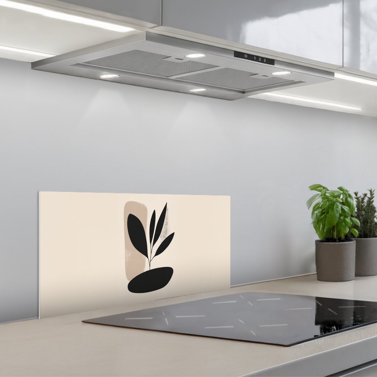 Spatscherm 70x30 cm - Zelfklevende achterwand Plant - Beige - Japandi - Keuken muurbeschermer - Spatwand fornuis
