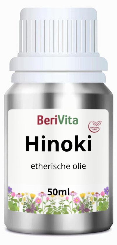 Aluminium fles van BeriVita met Hinoki Etherische Olie, 50ml, natuurlijke 100%.