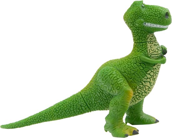 Groene dinosaurus speelfiguur met getextureerde huid, staande met zijn armen voor zich.